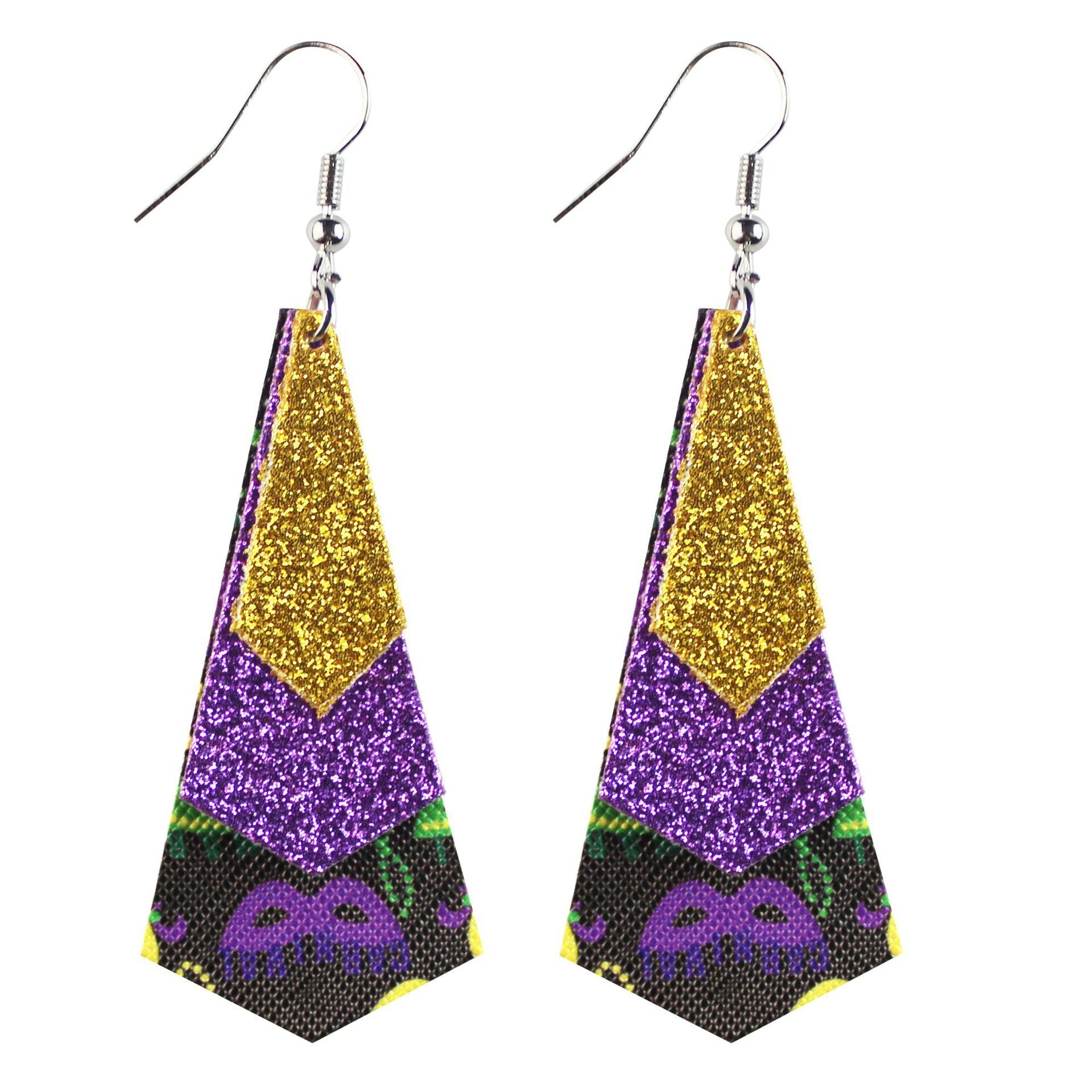 Wholesale Cross-grain single-sided print onion powder water drop three-layer leather earrings